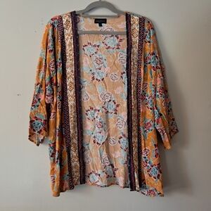 Artesia Women's Floral Kimono Jacket - Orange and Blue